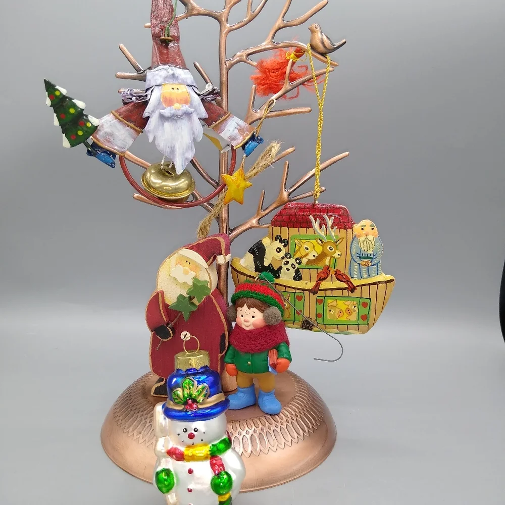 Christmas Tree Ornaments Wood Santa Glass Snowman Schoolboy Noah's Ark Set 5 Vtg